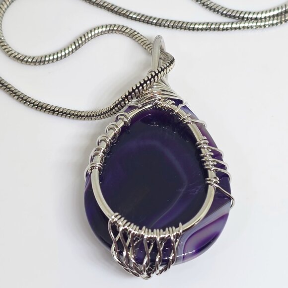 Tree of Life Silver Wrap Teardrop Purple Amethyst Teadrop Agate Pendant Necklace - Picture 6 of 12
